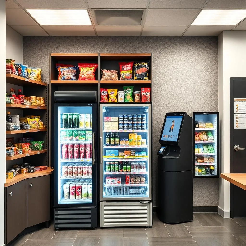 Pantry vending shelves stocked with snacks and drinks for employees