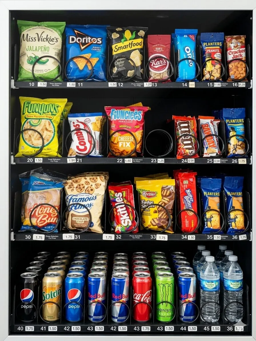Combo vending machine interior stocked with chips, cookies, candy, soda cans, energy drinks, and bottled water selections