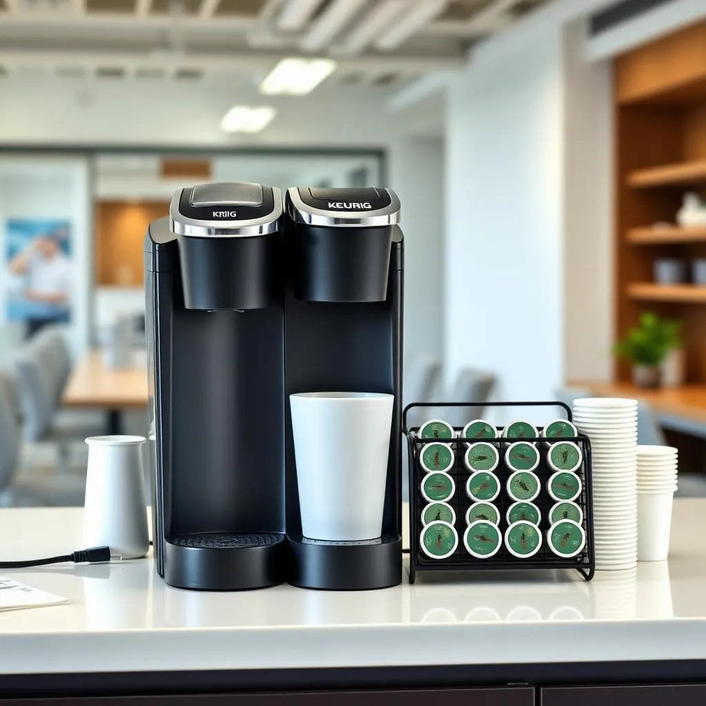 Single-serve coffee brewer set up in a workplace break room