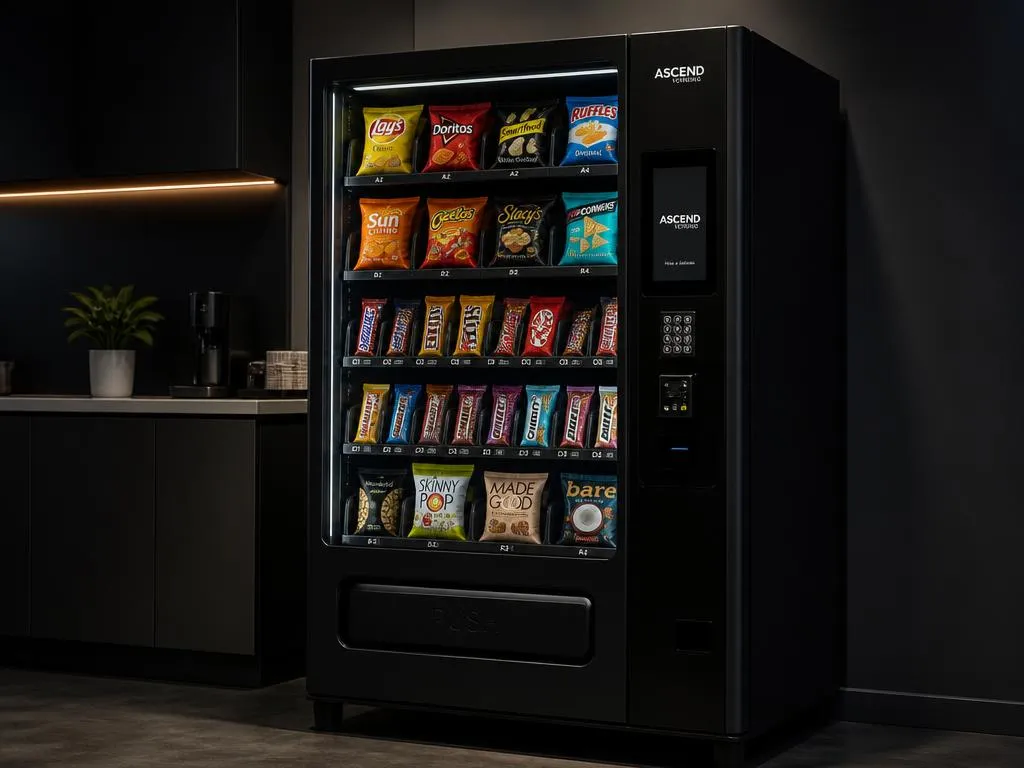 Black glass-front snack vending machine stocked with chips and snacks