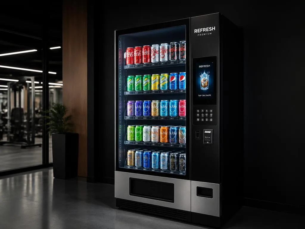 Glass-front soda vending machine with bottled beverages