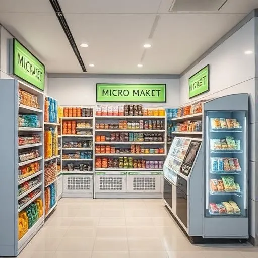 Micro market self-checkout area with shelves and coolers